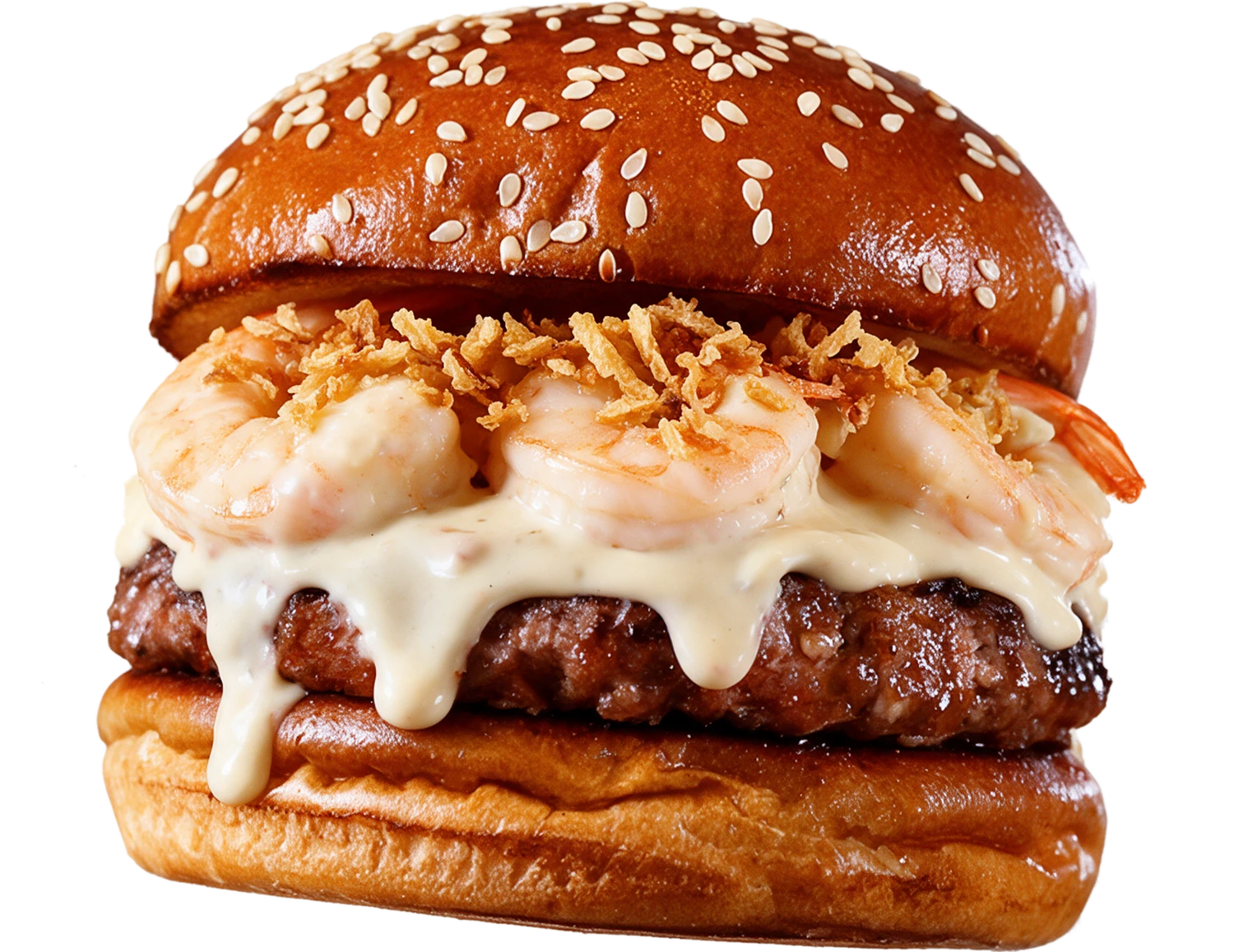 Camarão Burger: pão brioche com gergelim, burger de 170g, camarões salteados e molho branco