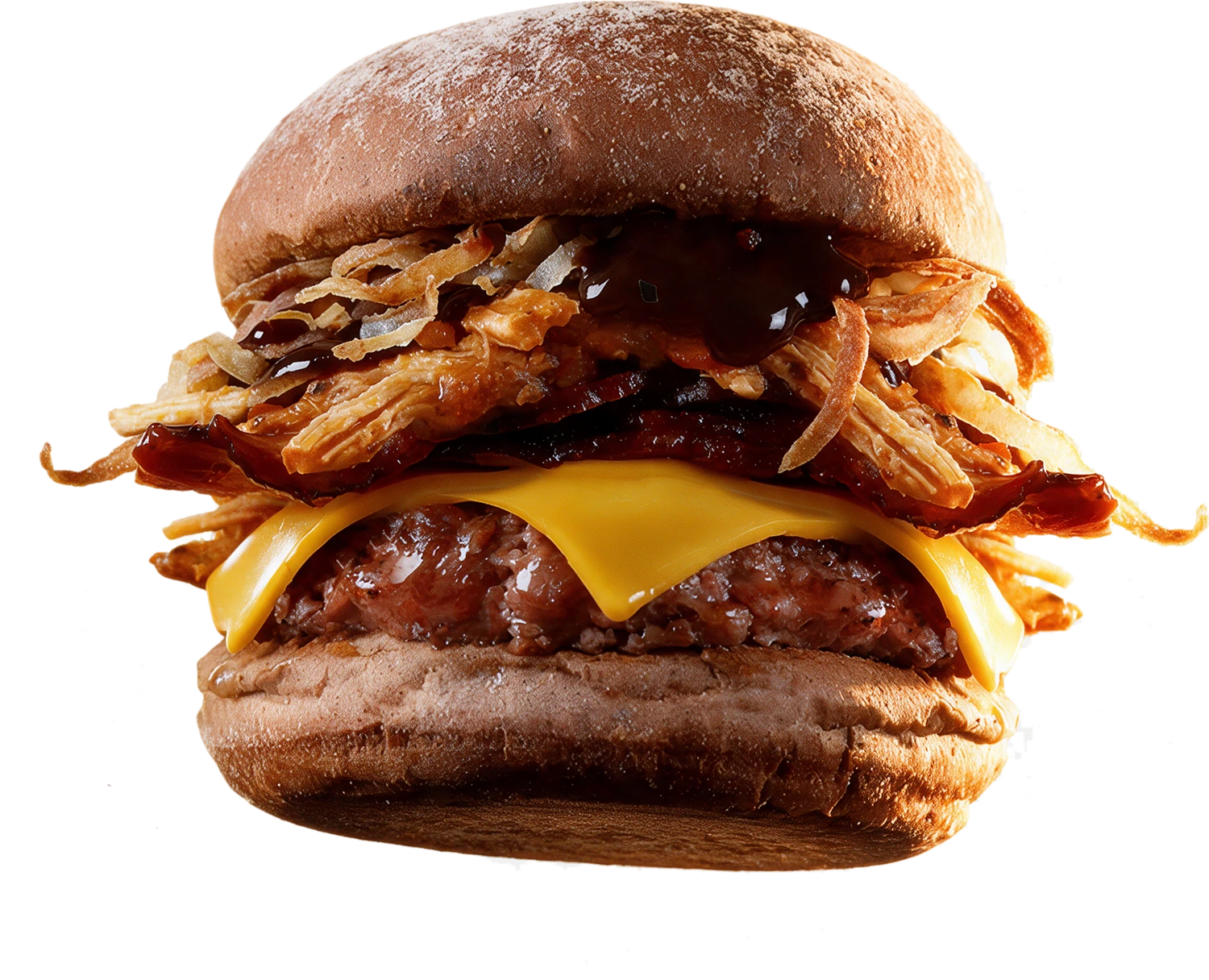 Rock Feller: pão australiano, burger de 170g, porco desfiado, cheddar, cebola crispy e molho barbecue